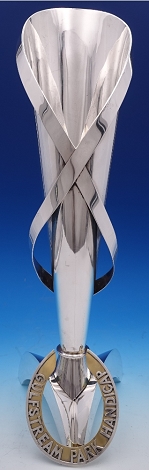 Trumpet Vase London 1985 C&C = Carrington&Co modernist styling w/ shawl - like collar wrapping around the vase 44.89toz 18